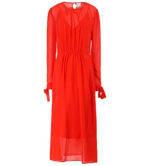 NWT size 4 S Silk Chiffon Midi Pleated Dress Asymmetric Hem Lined Turquoise Blue - Picture 7 of 10